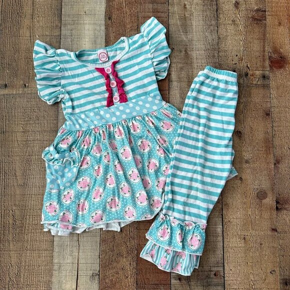 Isla Grace Other - Isla Grace Toddler Girls' 2-3T Striped & Polka Dot Pajama Set With Ruffles